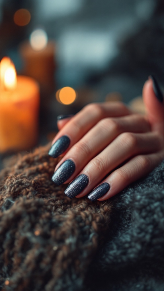 A close-up of a hand with dark glitter nails resting on a cozy knitted fabric, with flickering candles in the background.