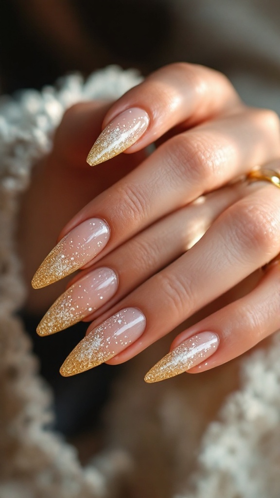 A close-up of a hand showing off glittering gold accent nails with a nude base and pointed tips.