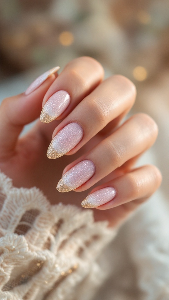 Close-up of almond shaped wedding nails with glittering gold tips and a soft pink base.