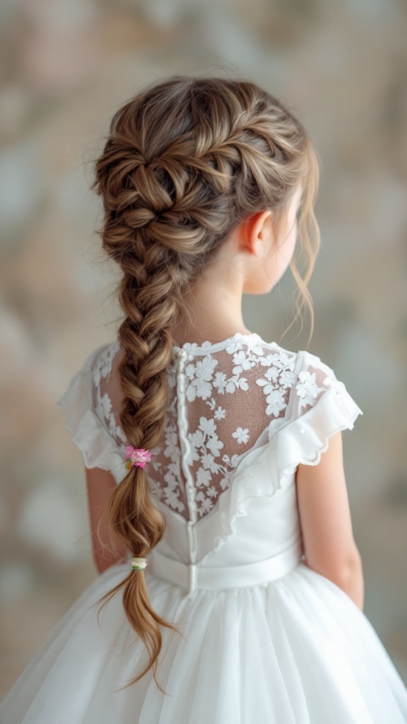 A girl with a graceful waterfall braid hairstyle and a white dress with floral details.