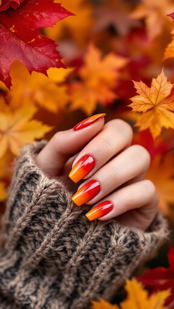 A close-up of hand with gradient nails in red and orange, against a backdrop of autumn leaves.
