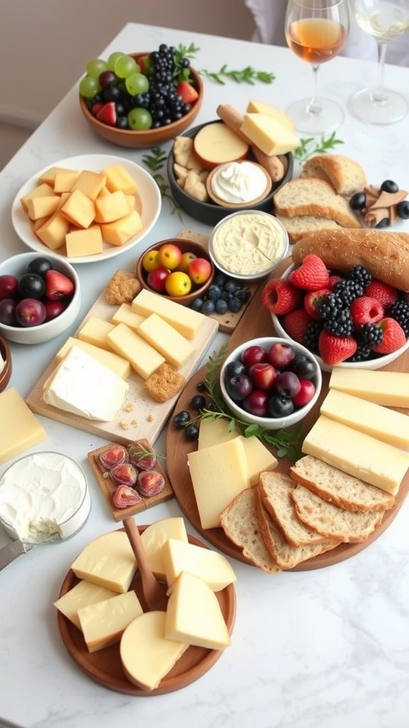 A beautifully arranged grazing table with various cheeses, fruits, and breads perfect for a wedding.