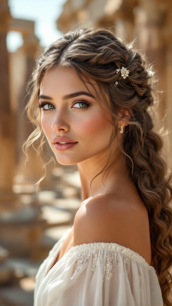 A bride with soft, twisted hair adorned with flowers, embodying a Grecian goddess style.