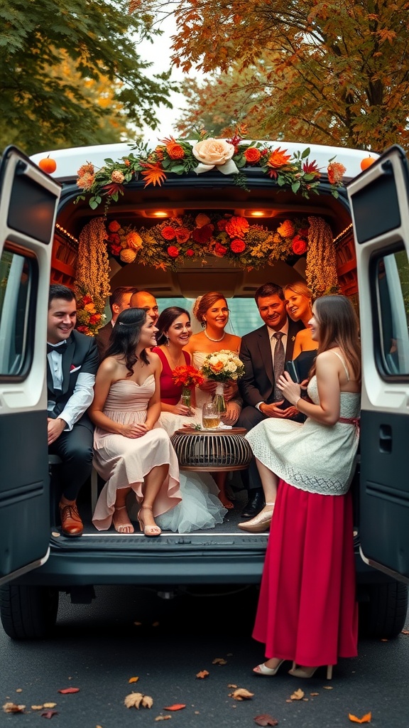 A group of wedding attendees inside a decorated van, smiling and enjoying each other's company amidst vibrant fall foliage.