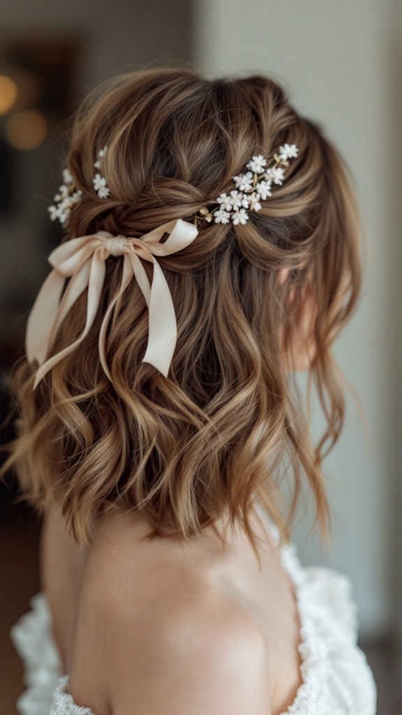 Half-up half-down bob hairstyle with loose curls, decorated with flowers and a ribbon