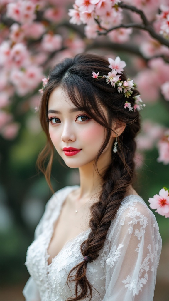 Bride with half-up half-down braided hairstyle adorned with flowers, set against a backdrop of cherry blossoms.