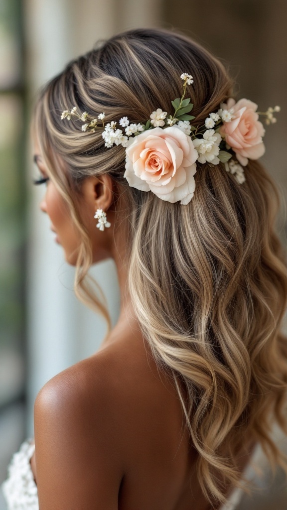 A bride's hairstyle featuring a half-up half-down style with soft waves and floral accessories.