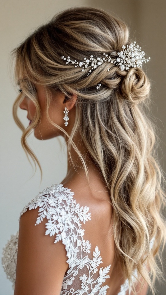 A bride with half-up half-down hairstyle featuring soft waves and elegant hair accessories.