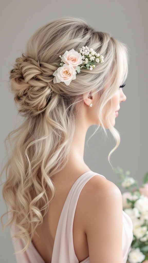 A bride's maid hairstyle featuring half-up half-down style with soft curls and floral accessories.