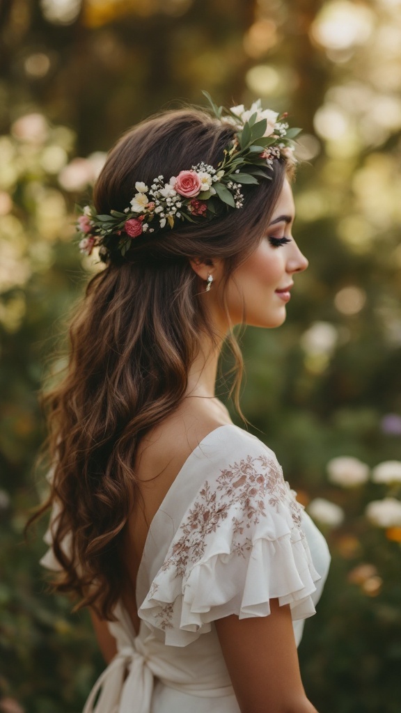 A woman with long, wavy hair styled half up, half down, adorned with a floral wreath.