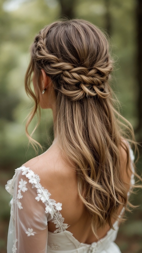 A half up half down hairstyle featuring a loose braid and soft waves.