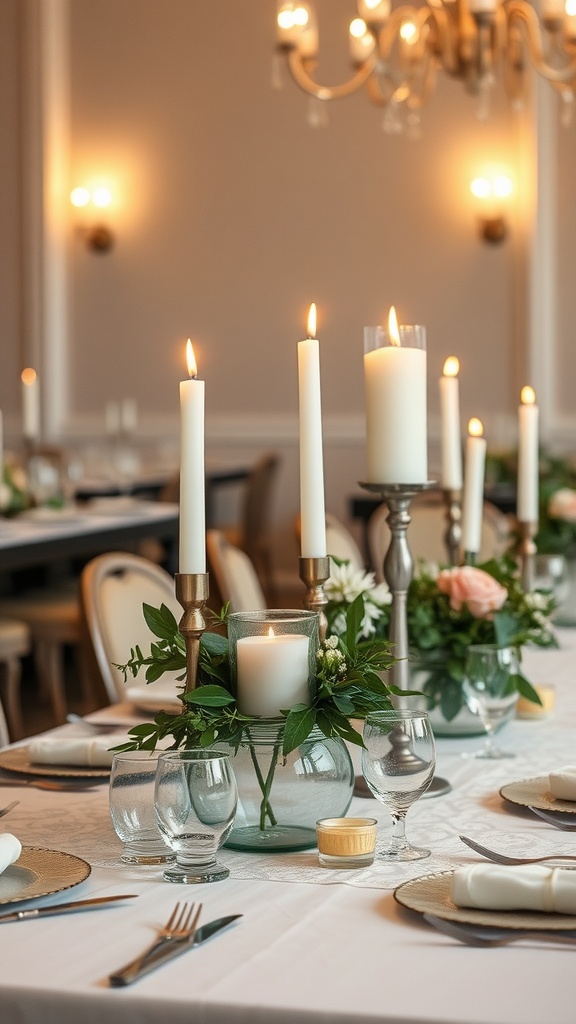 A beautifully arranged wedding table with tall candles and floral centerpieces