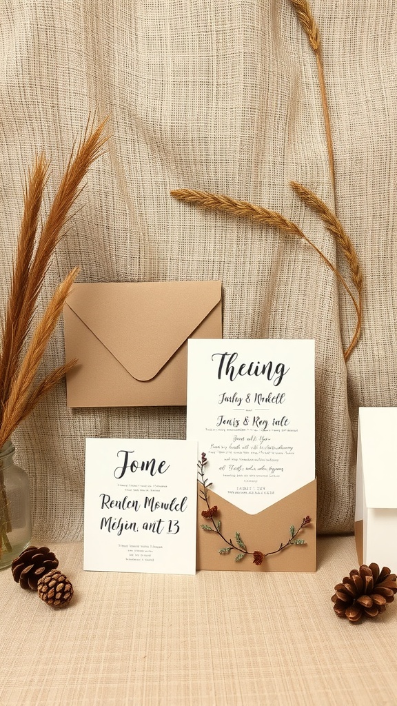 Handmade rustic wedding invitations with natural elements