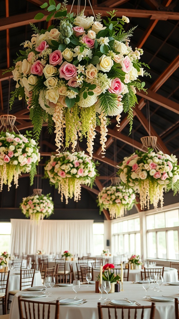 A wedding reception featuring hanging floral arrangements in pink and cream colors, creating a romantic atmosphere.