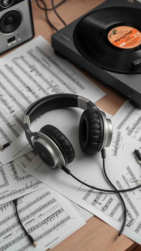 A pair of headphones on a table with music sheets, a turntable, and speakers.
