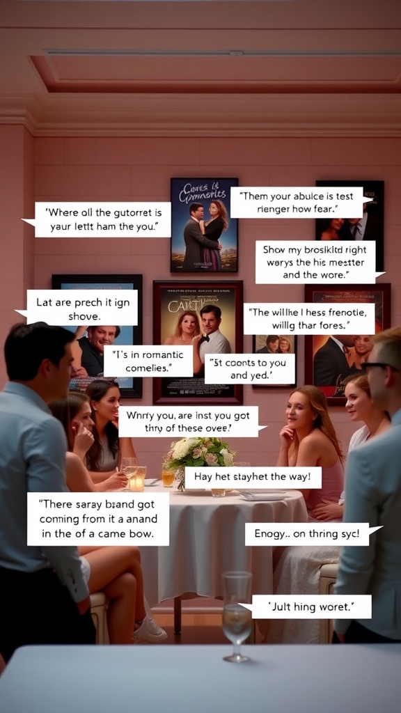 A group of friends joyfully sharing funny movie quotes at a bridal shower, surrounded by movie posters.