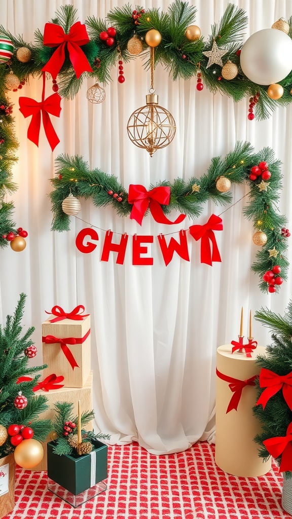 A festive holiday bridal shower decoration featuring garlands, red bows, and gift boxes.