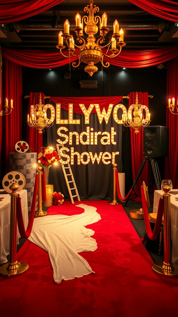 A glamorous bridal shower setup with a red carpet, Hollywood sign, chandeliers, and floral arrangements.