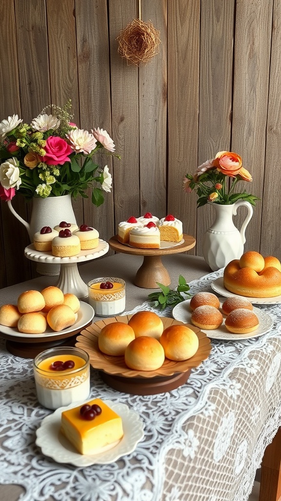 A table set with an assortment of homemade desserts, including cakes, custards, and rolls, surrounded by fresh flowers.