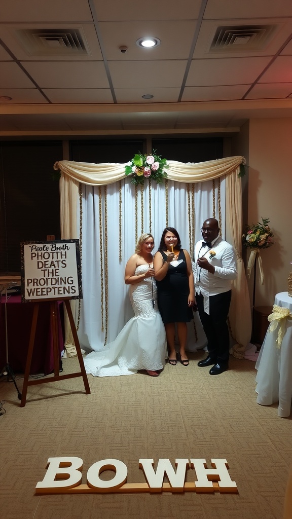 Three people posing in a homemade photo booth with a draped fabric backdrop and floral decorations.