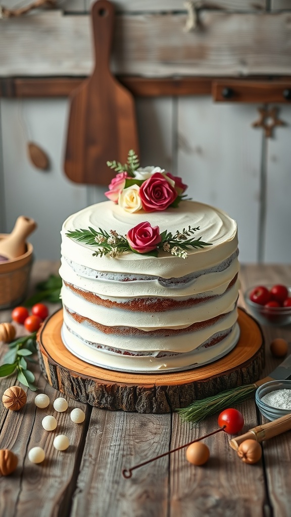 A homemade wedding cake adorned with pink and yellow roses on top, set on a wooden cake stand.