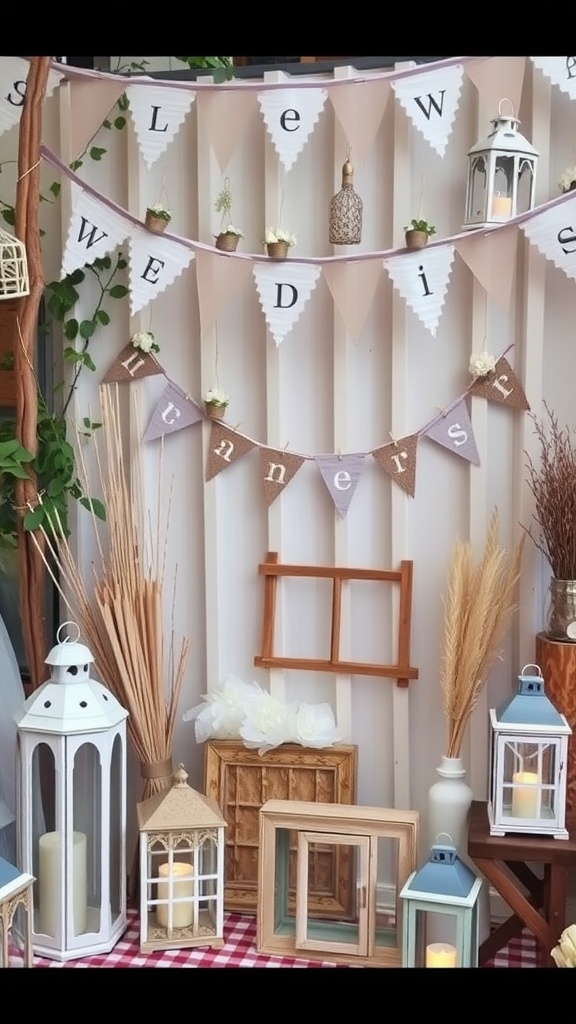 A charming wedding decoration setup featuring a banner, lanterns, and dried flowers.