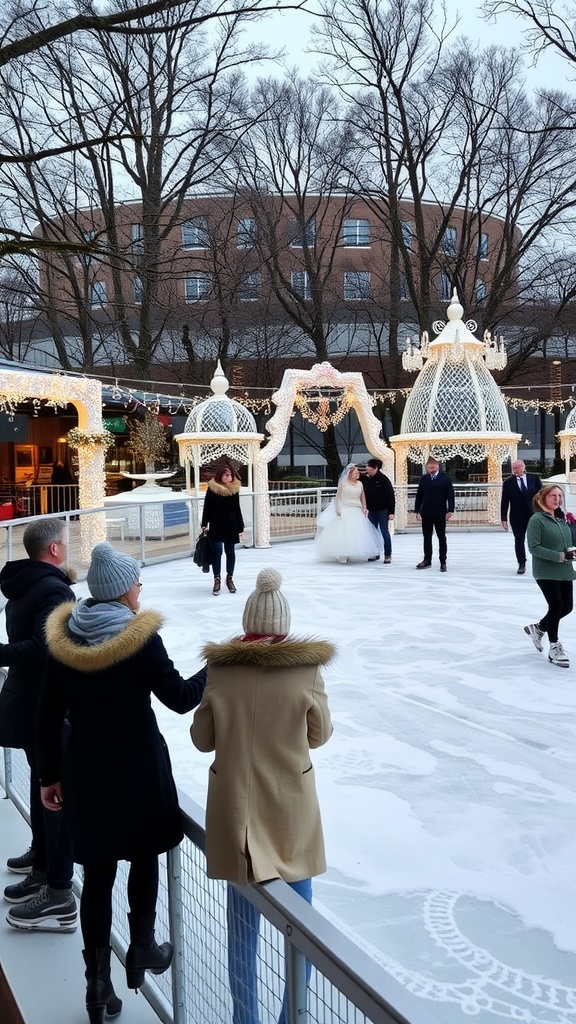 A winter bridal shower ice skating party with guests on the rink and decorations.