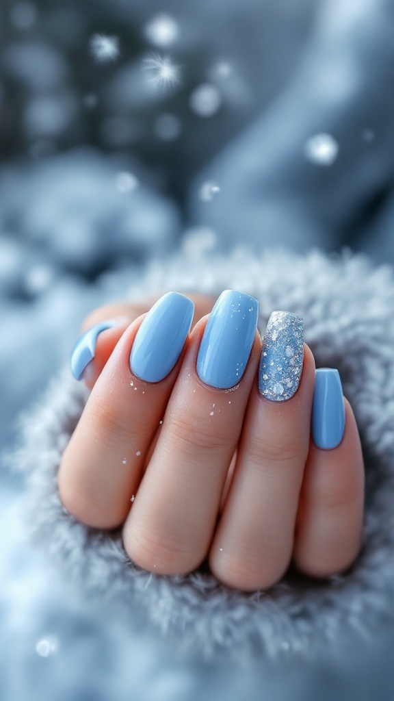 Close-up of a hand showing icy blue wedding nails with one glittery accent nail.