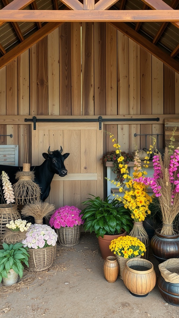 A cozy barn with colorful flowers and plants in baskets, creating a rustic wedding decor feel.