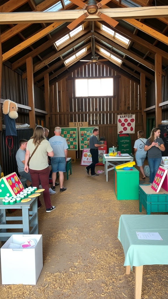A barn interior with guests engaging in activities and colorful displays.