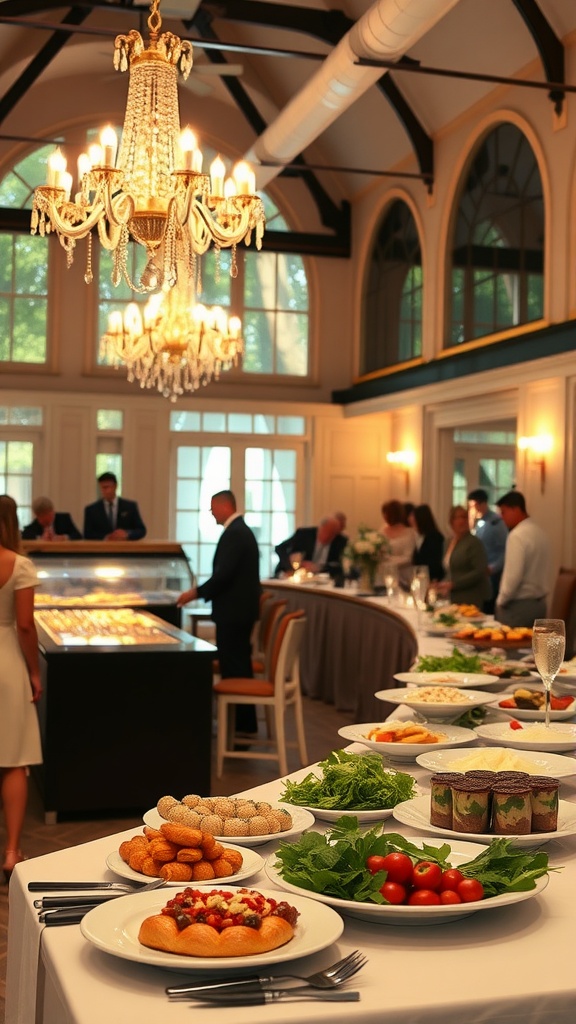 An elegant indoor wedding reception with various interactive food stations displaying appetizers and salads.