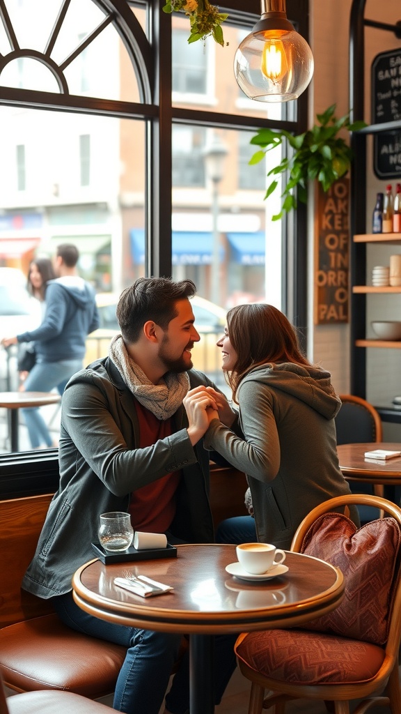 A man sitting alone in a coffee shop, lost in thought, with warm lighting and a cozy atmosphere.