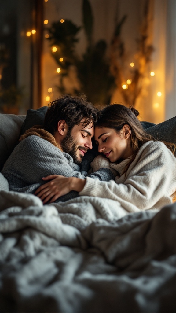 A couple cuddling on a couch with cozy blankets and soft lighting in the background.
