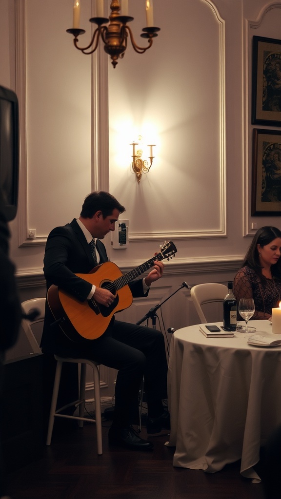 A musician playing guitar at a wedding reception, creating an intimate atmosphere.