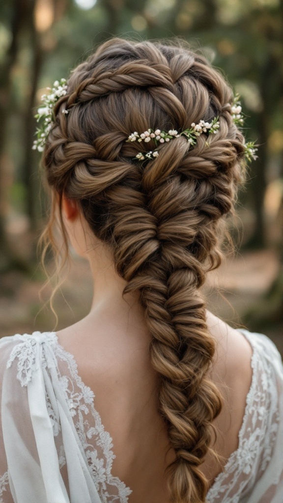 A bride with an intricate braided crown hairstyle adorned with small flowers.