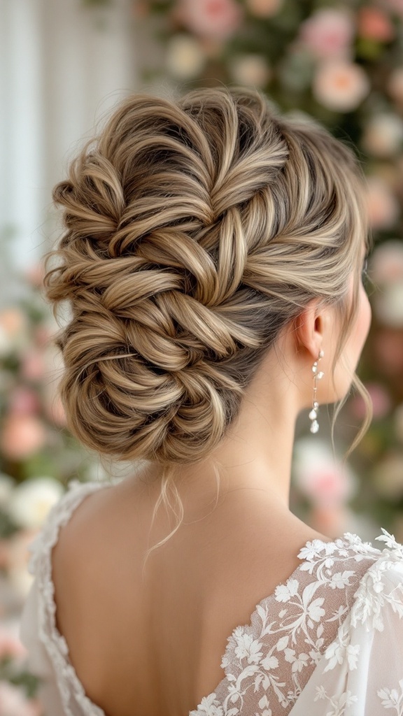 Intricate braided updo hairstyle for bridesmaid, showcasing detailed braids and soft waves