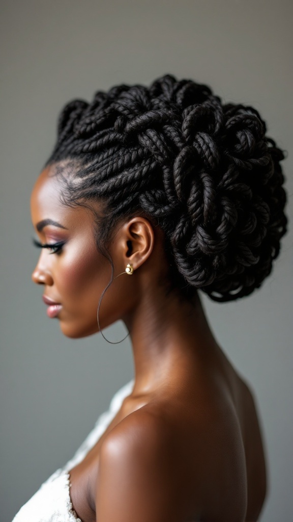 A beautiful black woman with an intricate cornrow updo hairstyle, wearing elegant earrings.