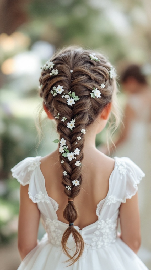 A little girl with an intricate fishtail braid decorated with small white flowers, wearing a white dress.