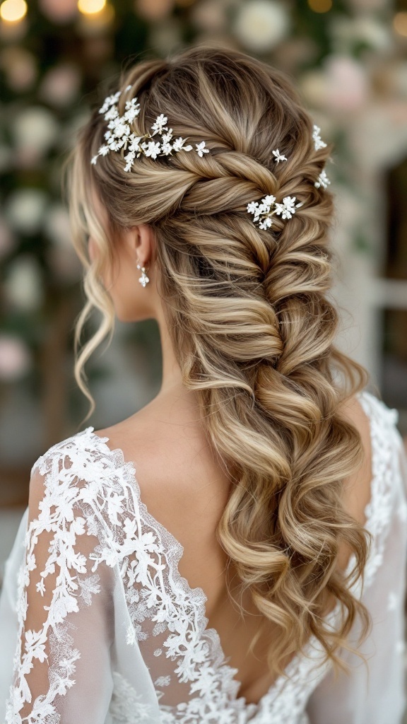 A beautiful half up half down hairstyle featuring an intricate lace braid adorned with small flowers.