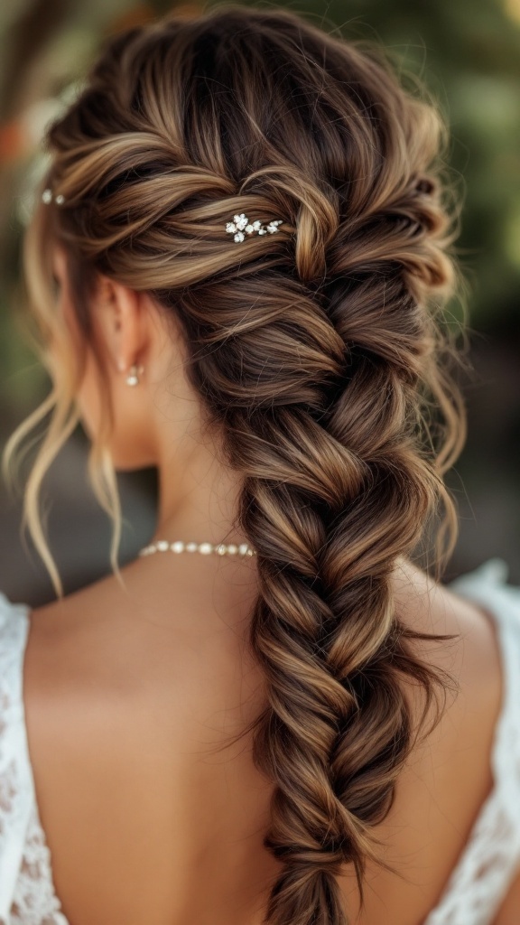 A close-up view of a woman's intricate ladder braid hairstyle, adorned with small floral hairpins.