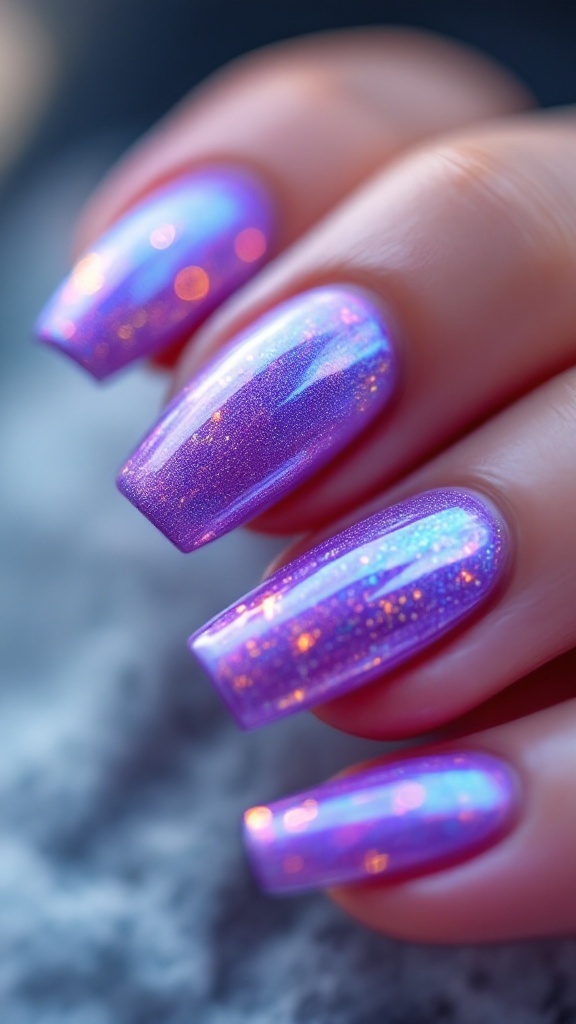 Close-up of beautifully manicured nails in iridescent purple shimmer.