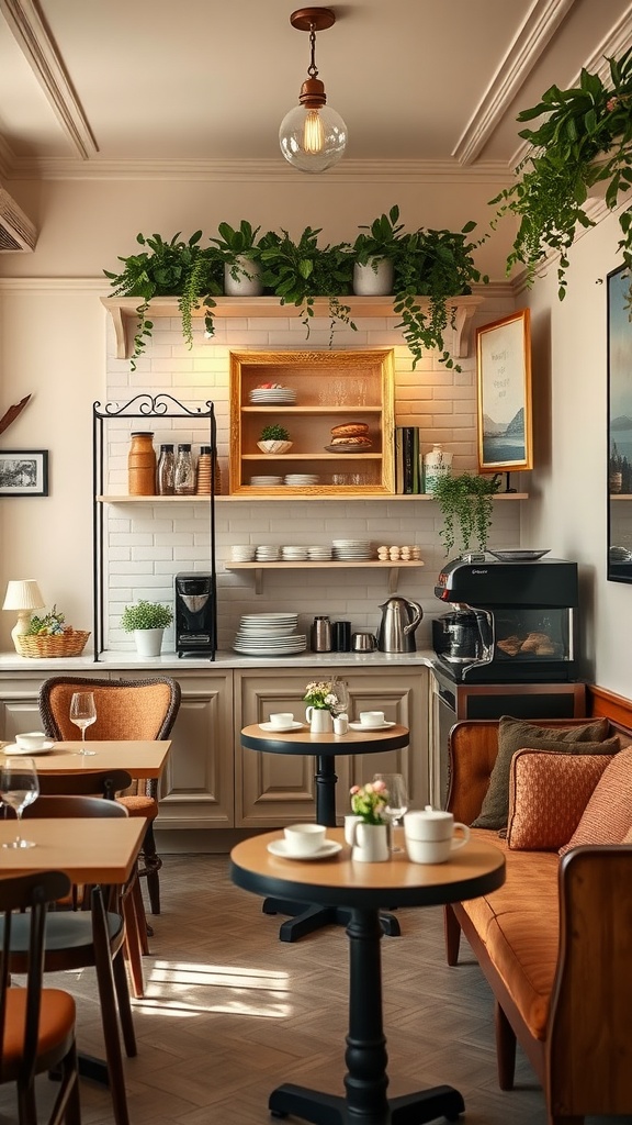 A cozy Italian coffeehouse with tables set for a gathering, featuring plants and warm lighting.