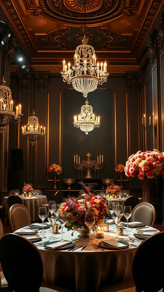 Elegant Italian opera night setup with chandeliers and floral centerpieces.