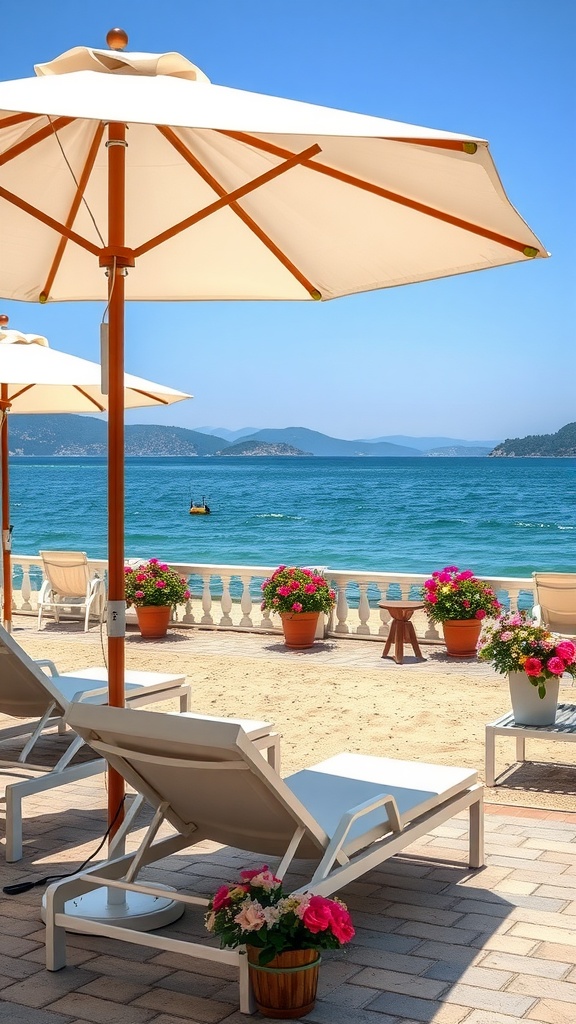 Beach scene with lounge chairs, umbrellas, and flower pots, depicting a relaxing Italian Riviera setting