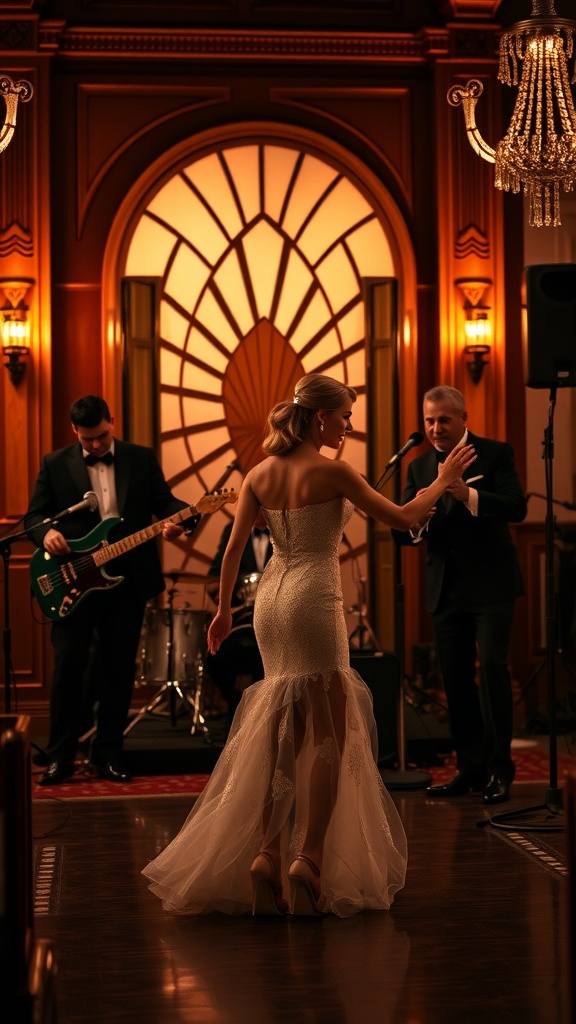 A bride dancing with a band playing at a vintage-inspired wedding.