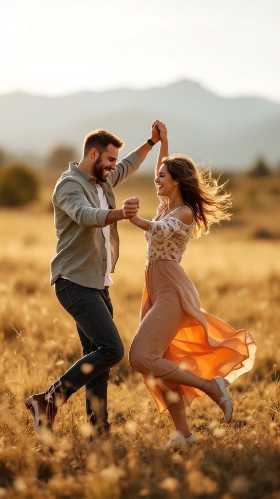 A couple dances joyfully in a field during golden hour, showcasing a lively and romantic engagement photo.