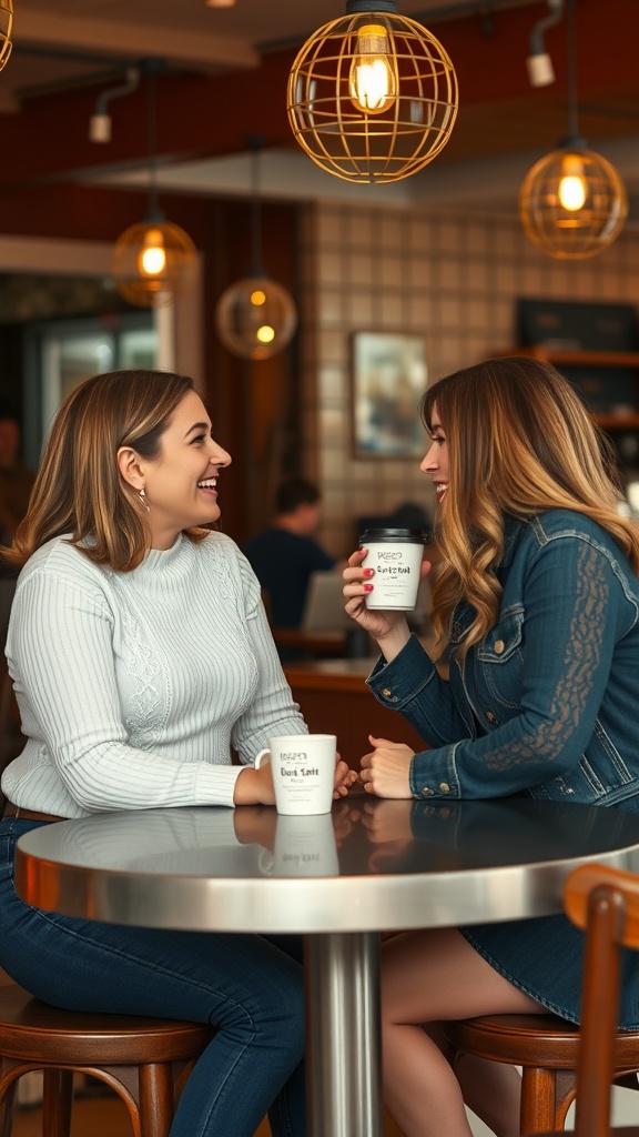 Two women sitting together in a café, sharing a warm smile and holding coffee cups.