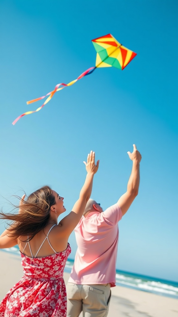 Couple flying a colorful kite on the beach under a clear blue sky.