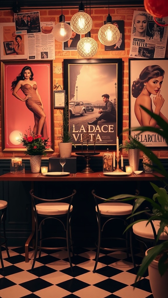 A cozy Italian-themed bridal shower setting featuring elegant decor with movie posters and a stylish table.