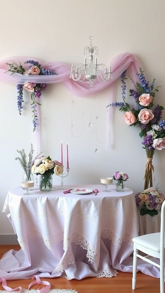 A beautifully decorated table for a lavender and lace themed bridal shower, featuring flowers, a chandelier, and elegant tableware.